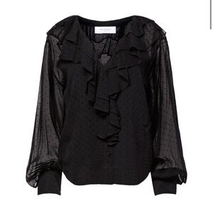 Retails $350, sz S, Equipment Antara Swiss-Dot Ruffle Silk Blouse